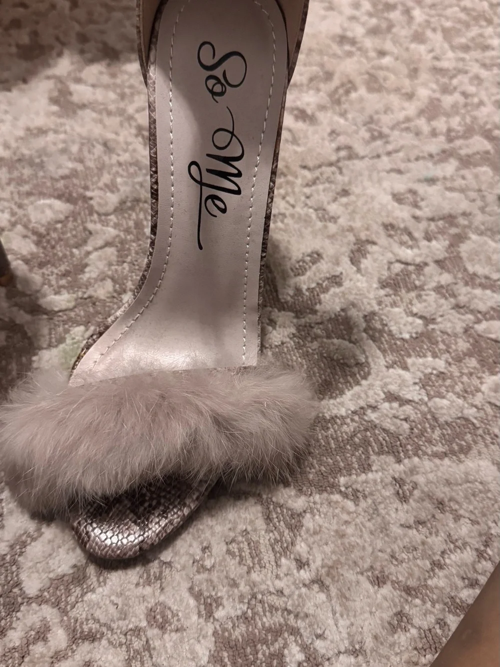 So Me Faux-Fur Snake-Print Ankle-Strap Heels in Light Gray